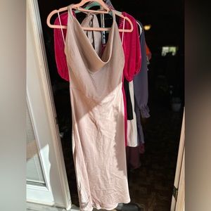 Bluivy satin dress, tan, tie around neck, with open back, NWT